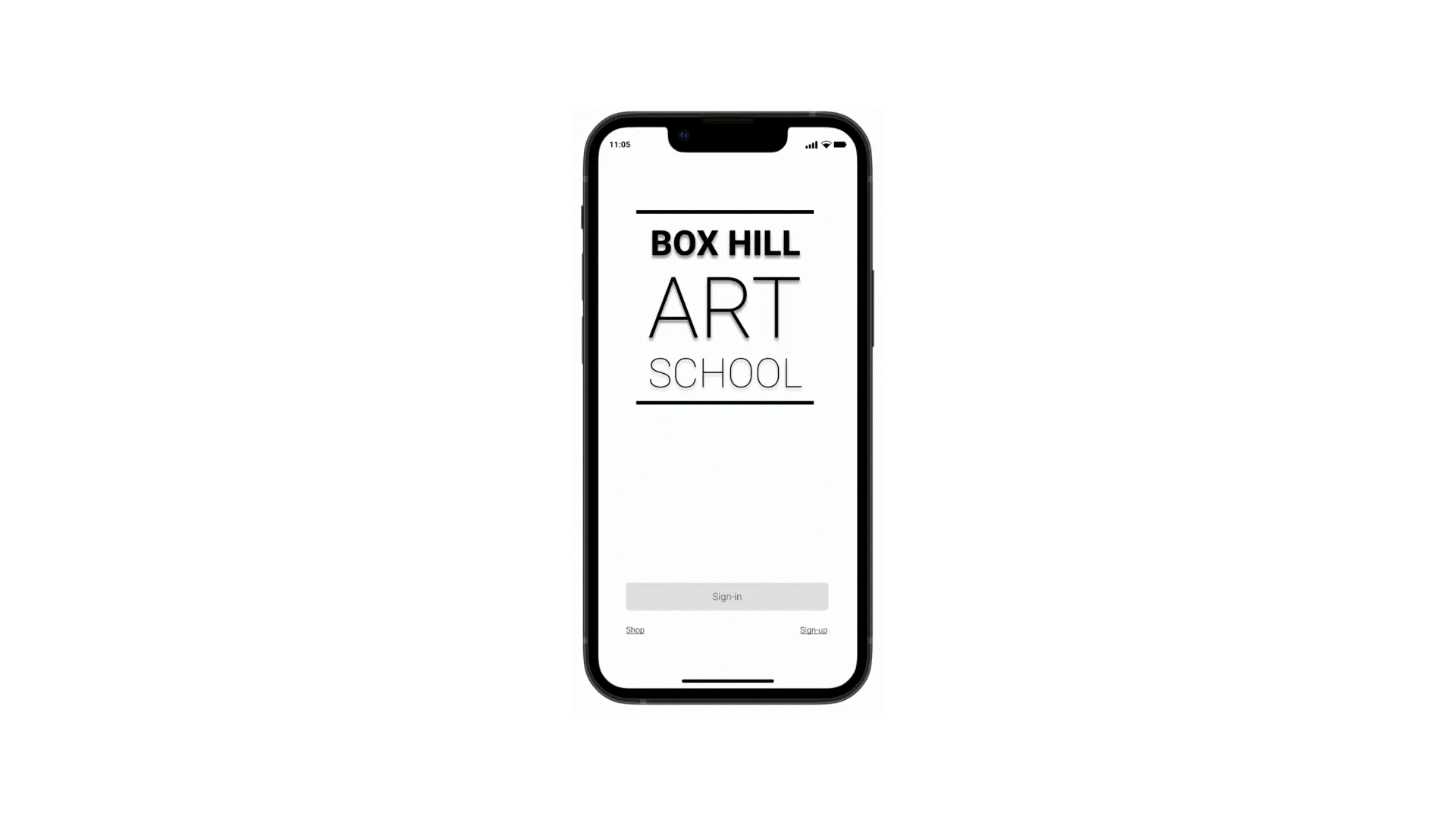 A low-fidelity prototype animation demonstrates the user flow: 
                  starting with the Box Hill Art School access screen, proceeding 
                  through sign-in options (email/password and fingerprint), successful fingerprint 
                  authentication, and ending with the shop page displaying a list of art courses.